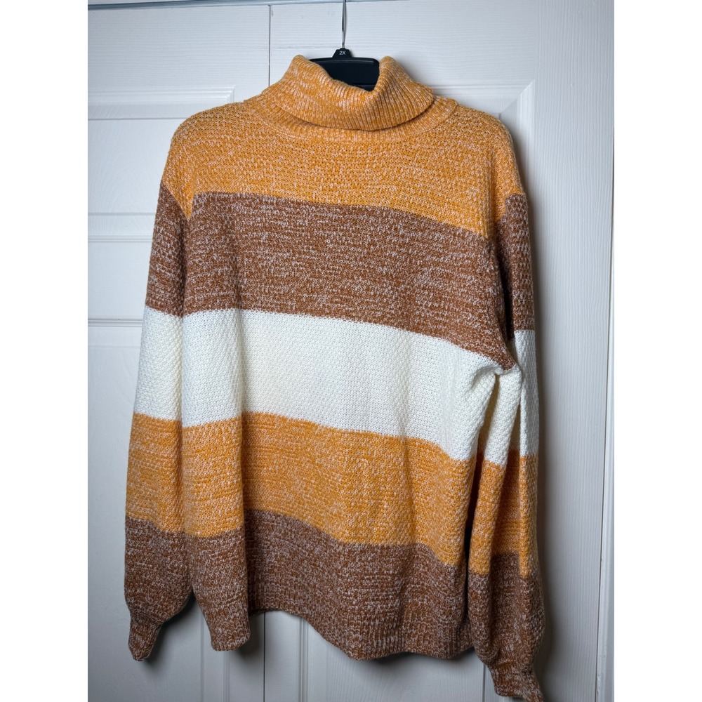 Zenana Womenst Striped Turtleneck Sweater Marled Knit Yellow Brown Large